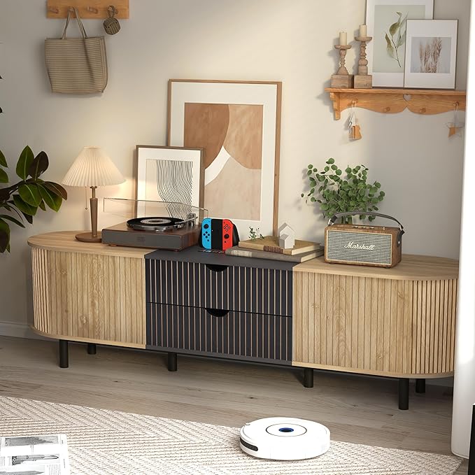 71" Tambour Door TV Stand,Wood Mid Century Modern TV Cabinet for Up to 85“ TV,Curved Edge Long TV Stand with Storage for Bedroom Living Room(Natural, 71inch)