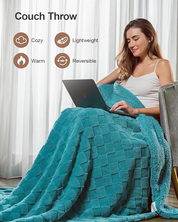 Pawque Super Soft Cozy Throw Blanket Twin Size for Couch Bed, Fluffy Sherpa Fleece Reversible Thick Warm Fuzzy Blanket for All-Season, 3D Checkered Jacquard Decorative Blankets, Teal Green, 60" x 80"