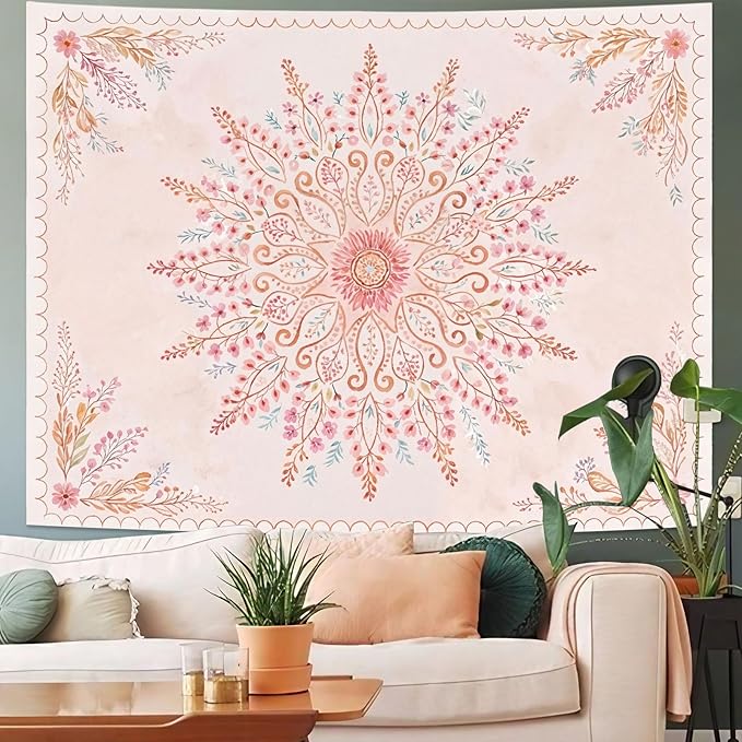 Lunerfex Floral Mandala Tapestry Boho Tapestry for Bedroom Pink Tapestries Wall Hanging Living Room Wall Art and Home Decor 70x90