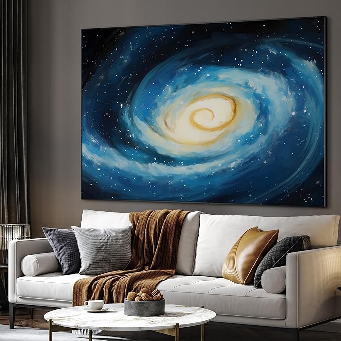 SIGNWIN 46"x60" Extra Large Framed Wall Art Spiral Galaxy Vivid Blue and Yellow Cosmic Space Illustration for Home Living Room Bedroom Decor (Frame Assembly Required)