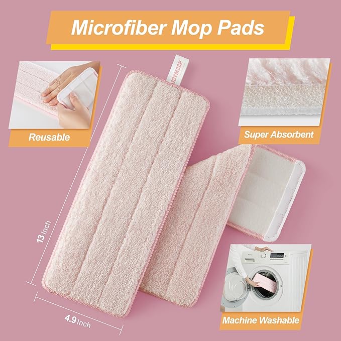 JOYMOOP Pink Mop and Bucket with Wringer Set for Home, with 5 Reusable Microfiber Mop Pads, Hands-Free Self-Cleaning System, Suitable for Floor Cleaning and Wall Cleaner
