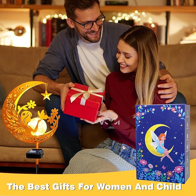 YJFWAL Garden Solar Fairy Lights Pathway Stake Lights Glass Globe with Moon Angel Decor, Gifts for Mom Grandma Friends, Outdoor Decor Light Waterproof for Walkway, Yard, Patio or Garden (Warm White)