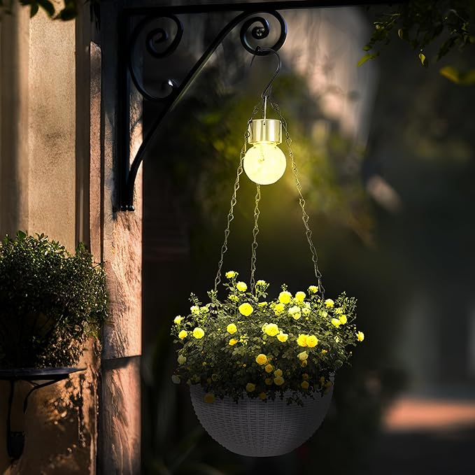 Hanging Pots for Plants Outdoor - 2 Pack White Artificial Rattan Solar Flower Baskets with Drainage Holes & Removable Tray, Garden Gifts for Women/Mothers, Porch, Balcony Decor