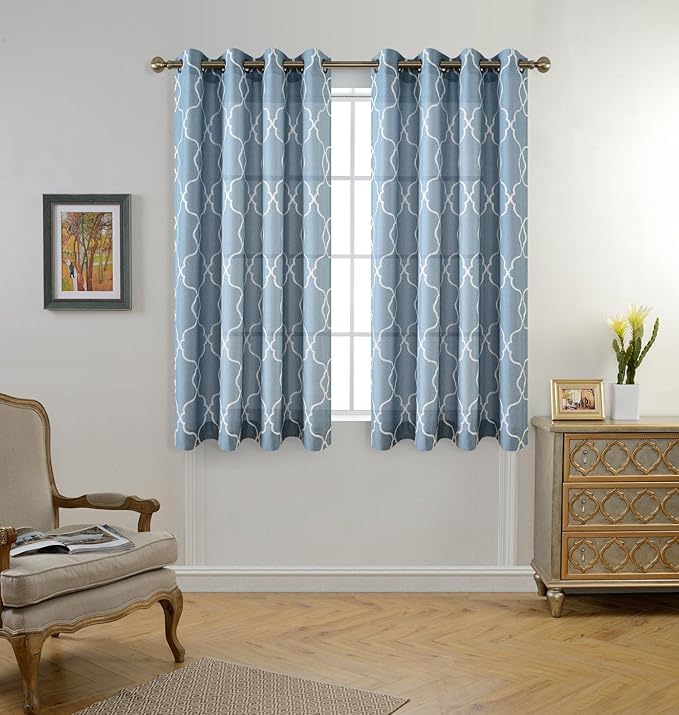 MIUCO Moroccan Embroidery Semi Sheer Curtains Faux Linen Grommet Curtains for Bedroom 52 x 63 Inch 2 Panels, Dusty Blue