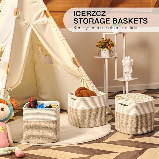 11 Inch Cube Storage Bins, Organizer Woven Cotton Rope Square Baskets for Organizing Shelves, Toys, Nursery, Off White & Brown (Pack of 3)