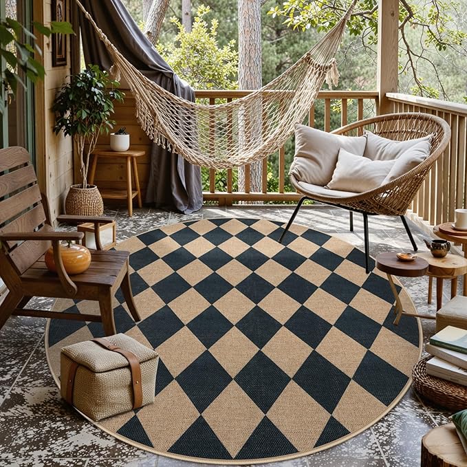 Lahome Checkered Round Rugs 6ft, Washable Easy Jute Circle Patio Rug Indoor Outdoor Rugs for Living Room, Farmhouse Natural Round Area Rug Contemporary Carpet for Entryway Backyard