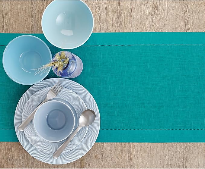 Solino Home Linen Table Runner 60 Inches - 100% Pure Linen Teal Hemstitch Table Runner 14 x 60 Inch Ideal for Dresser and Coffee Tables - Fall, Autumn, Thanksgiving - Classic Hemstitch