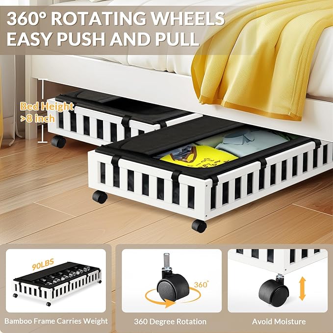 2 Pack Bamboo Under Bed Storage with Wheels, 39”x20”x7.8” Lager Under Bed Storage Containers (White)