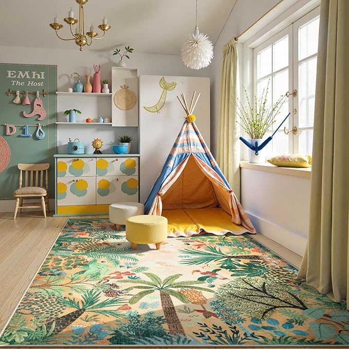LIVEBOX Boho Jungle Animal Print 5 x 7 Area Rugs for Living Room, Soft Yellow Rug for Bedroom, Non-Slip Machine Washable Rugs for Dining Room Office, Kids Rugs for Playroom Sun Rug for Nursery Room