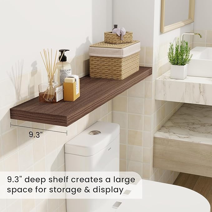 Fun Memories 40" Rustic Wood Floating Shelves with Invisible Brackets for Storage & Decor, Deep Wall Mounted Shelves for Bathroom, Kitchen, Living Room (Walnut, Set of 2)