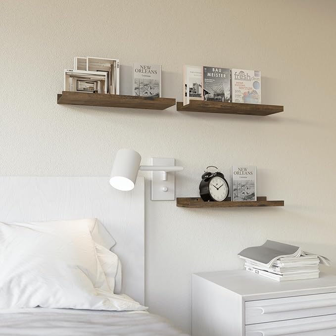 RICHER HOUSE 3 Set Floating Shelves for Wall Decor, Mounted Book Shelf, Nursery Picture Ledge With Lip for Storage, Bedroom, Living Room, Bathroom - Brown