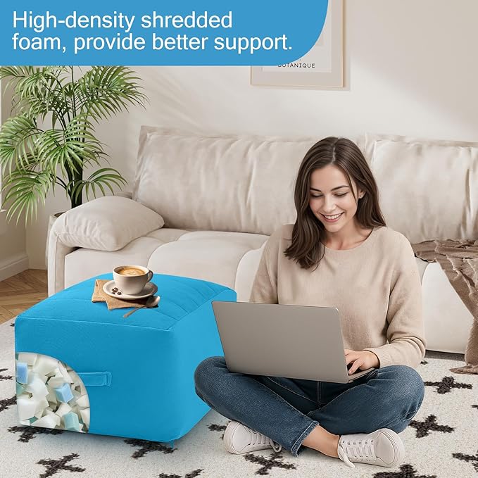 MeMoreCool Square Stuffed Pouf Ottoman Foot Rest, Floor Pouf Foot Stool with Foam Chunk Filling, Soft Stuffed Ottoman Footrest for Living Room, Blue