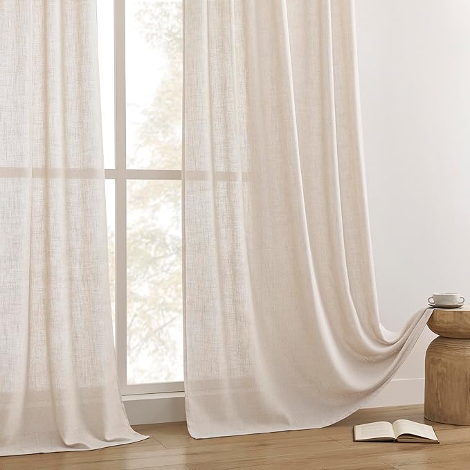 Joydeco Linen Curtains for Living Room,Semi Sheer Drapes Window Long Curtains 108 inches Long Pink Beige