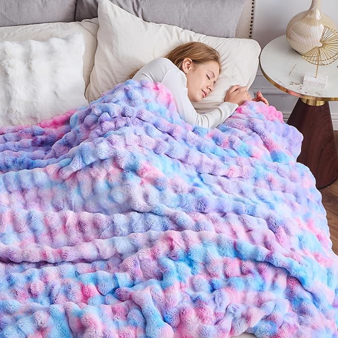 NEWCOSPLAY Faux Fur Throw Blanket Purple Rainbow Luxury Fluffy Thick Warm Bubble Blanket for Couch Sofa Bed 700GSM (Purple Rainbow, Throw(50"x60"))