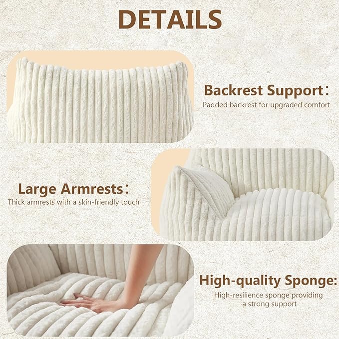 Giant Bean Bag Chairs for Adults Teens, Large Bean Bag Sofa Chairs with Filling Comfy Fuzzy BeanBag Chair with Armrests for Bedroom Living Room Reading