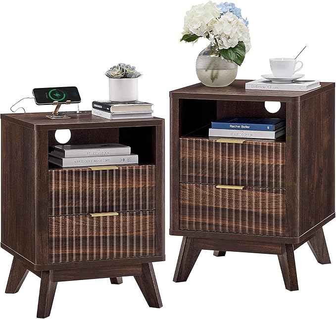 T4TREAM Fluted Nightstand Set of 2 with Charging Station, 18" Modern Side Table, 2 Drawers End Table with Storage, Bedside for Bedroom, Living Room, Curved Profile Design, Dark Walnut