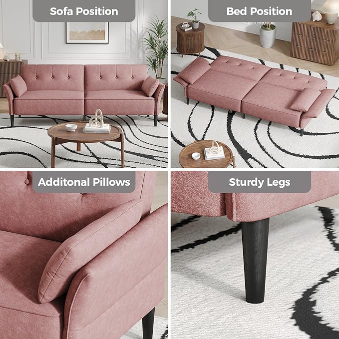 89” Futon Sofa Bed, Velvet Fabric Futon Couch Bed with 2 Square Pillows, Convertible Sleeper Sofa with Adjustable Backrest& Armrests, Modern Loveseat Sleeper for Living Room, Bedroom, Pink