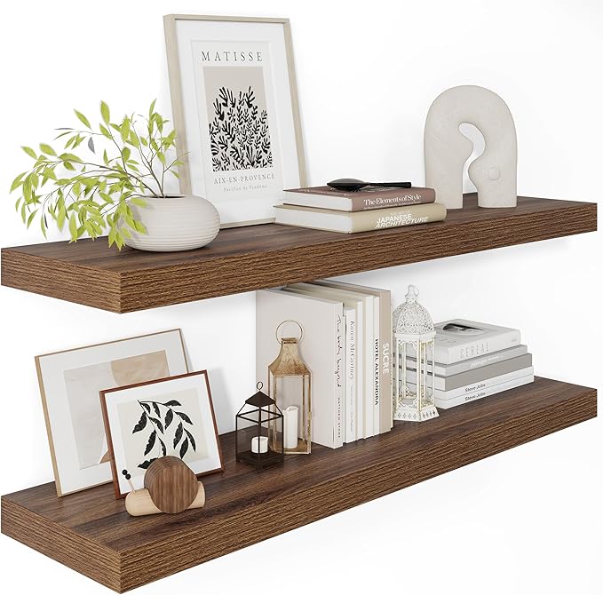 Wide Floating Shelves for Wall 12 Inch Deep, 36" X 12" X 2" Floating Shelf, 2 Inch Thick Shelf for Bathroom Bedroom Kitchen Book Room, Heavy Duty 65lbs Shelves for Farmhouse Decor Set of 2, Walnut