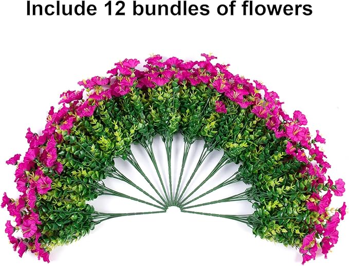 Artificial Flowers for Outdoors Fake Plants, 12 Bundles Faux Fuchsia Morning Glory UV Resistant Look Real Silk Flowers for Outside Planter Front Door Porch Patio Yard Fall Autumn Decoration