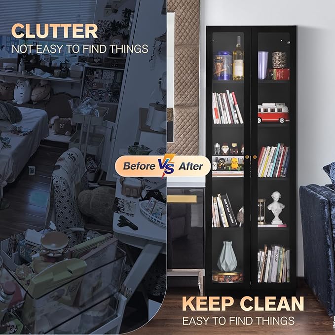 5 Tier Metal Curio Cabinets, 71" Tall Modern Bookshelf Cabinet with 4 Adjustable Shelves, Cabinet Display Case for Home Office, Living Room, Pantry, Assemble Required, Black