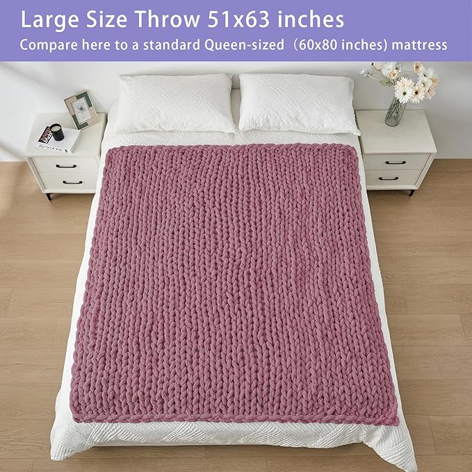 Bigacogo Chunky Knit Throw Blanket for Couch, 51x63 inches, 100% Hand Knitted with Thick Jumbo Chenille Yarn, Cozy Soft Large Rope Knot Cable Crochet Blankets for Sofa Bed Living Room, Burnt Rose
