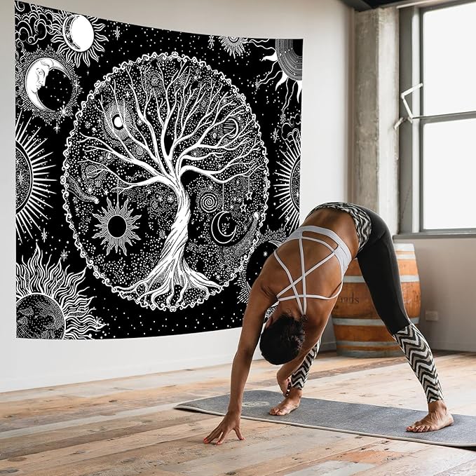 AACKart Tree of Life Tapestry for Bedroom Aesthetic Room Decor-Black and White Spiritual Tree Tapestry Wall Hanging with Sun Moon Star 59.1 x 51.2 inches