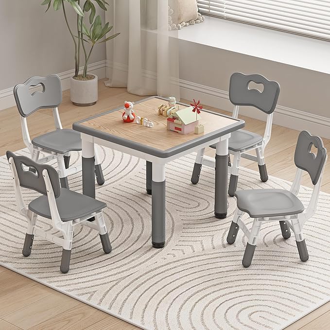 Kid Table and Chairs, Height Adjustable Childrens Table and Chair Set, Kids Tables for Age 2-8, Graffiti Desktop, Table for Kids with 4 Seats, Small Kids Table, Max 300lbs