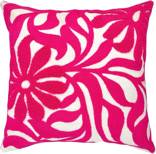 Alysheer Farmhouse Floral Leaves Embroidered Decorative Throw Pillow Cover 18x18 inches, Boho Tufted Flowers Embroidery Pattern Chic Cotton Cushion Case for Couch Bed Sofa Living Room(Bright Hot Pink)