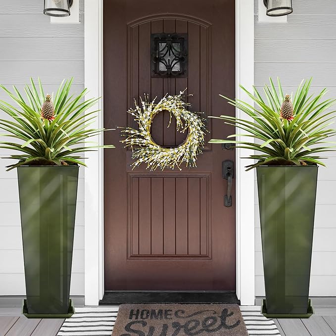 KOL 28''H. Tall Metal Planter with Saucer, Galvanized Steel Glazed Planter Pots with Drainage Hole for Indoor & Outdoor Use, Set of 2, Decorative Flower Plant Pots for Front Porch, Patio, Deck - Green