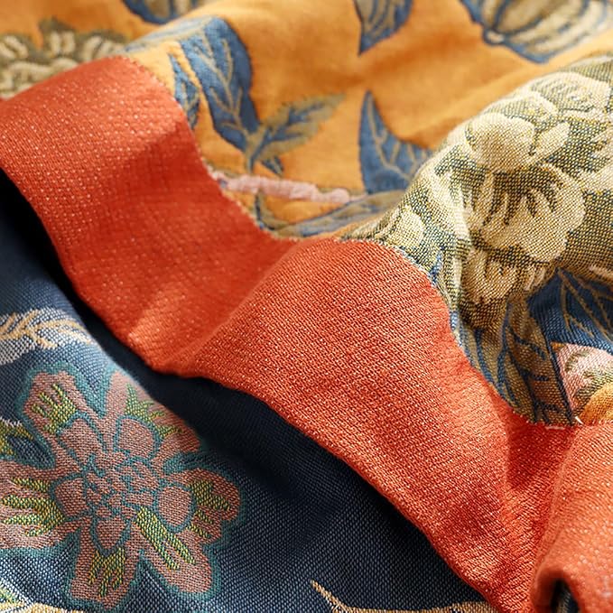 Boho Muslin Blanket for Adults 4-Layer Gauze 80 x 90 Inches Soft Cozy 100% Cotton Summer Cooling Blanket Floral Decor for Sofa Bed Coverlet Both Sides (Flowr Branch Orange, 80 x 90 in)