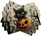 Halloween Black Cat Pumpkin 12x18 Placemats Set of 4 Happy Halloween Bat Branch Linen Table Place Mat Seasonal Fall Washable Heat Resistant Non Slip Table Placemats for Party Kitchen Dining Decor