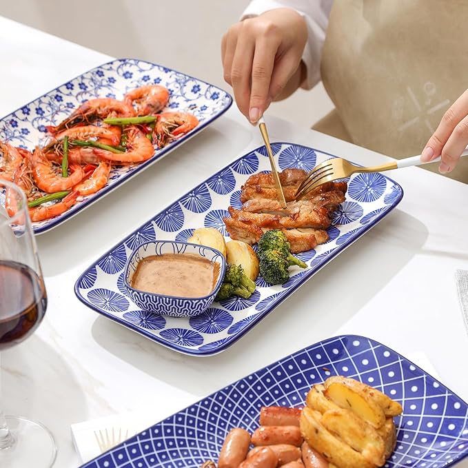 Selamica Ceramic Rectangular Serving Platters Set of 4, 12 Inch Serving Trays/Dishes for Party Entertaining, Rectangular Dinner Plates for Appetizer Salad Dessert Sushi, Vintage Blue