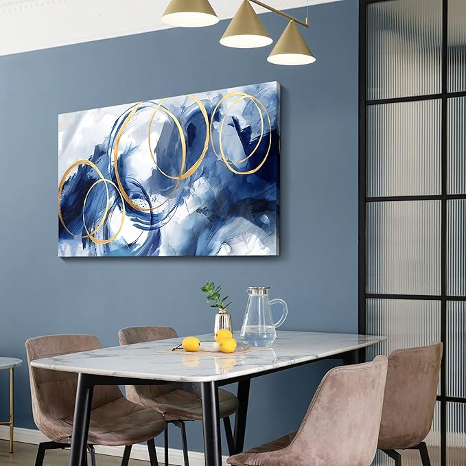 AJAZIKO Abstract Wall Art Blue Modern Art Wall Decor Artwork For Walls Living Room Huge Wall Canvas Office Pictures For Wall Navy Gold Contempor Decorations For Bedroom Size 24x48in