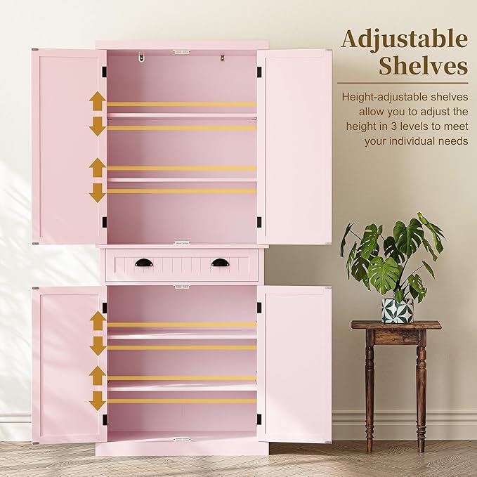 ARTPOWER 72" Tall Kitchen Pantry Storage Cabinet with Drawer and Adjustable Shelves, Pantry Cabinet for Kitchen, Bathroom or Hallway, Pink