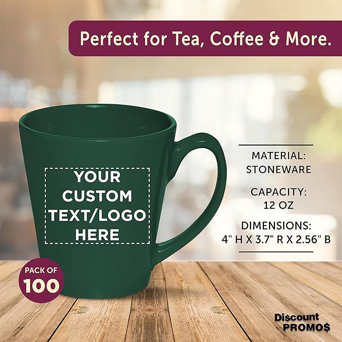 DISCOUNT PROMOS Custom Glossy Ceramic Latte Coffee Mug 12 oz. Set of 100, Personalized Bulk Pack - Perfect for Tea, Espresso, Cappuccino, Hot Cocoa - Green
