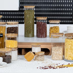 5oz Airtight Square Spice Containers with Bamboo Lid Set of 12 with Black Lables Storage Stackable Spice Jar, Kitchen Canister for Sugar, Tea, Flour, Salt and Seasonings (‎Clear Glass)