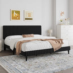 King Size Bed Frame, Velvet Upholstered Platform Bed with Vertical Channel Tufted Headboard and Footboard, No Box Spring Required, Easy Assembly, Black