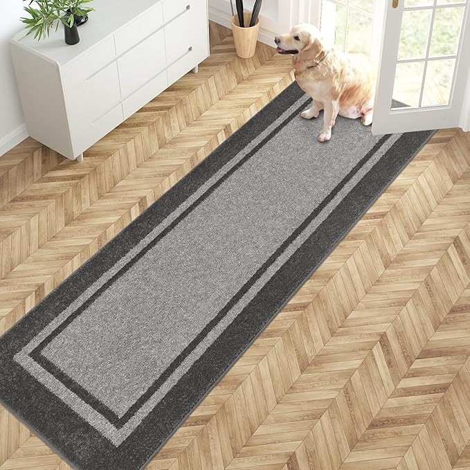 PURRUGS Dirt Trapping Door Mat 24" x 84", Non-Slip/Skid Machine Washable Entryway Rug, Shoes Scraper, Area Rug, Super Absorbent Welcome Mat for Muddy Wet Shoes and Paws, Light Grey & Dark Grey