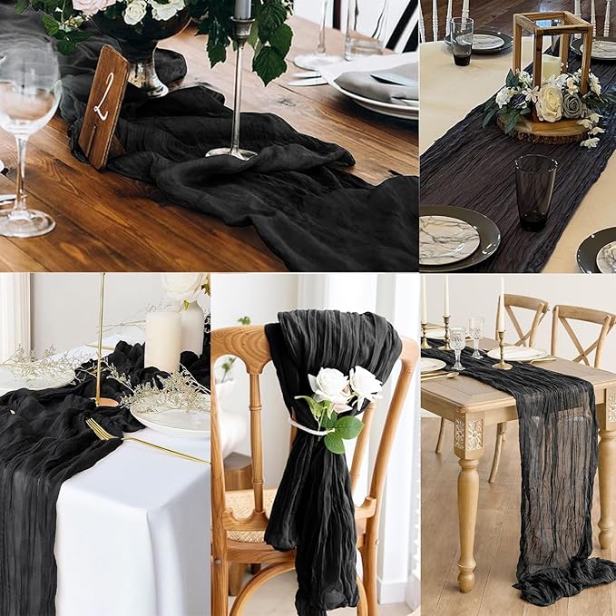 10FT 20 Pack Black Cheesecloth Table Runner 20 x 120 Inch Long Boho Fabric Rustic Cheese Cloth Table Runner for Wedding Bridal Shower Baby Shower Gauze Sheer Birthday Party Table Decorations