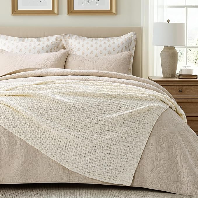 Chunky Chenille Knit Throw Blanket for Couch, Soft Luxurious Moss Stitch Blankets for Bed, Cozy Decorative Farmhouse Knitted Throws for Sofa, Ivory White, 50" x 60"