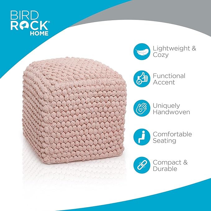 BIRDROCK HOME Buds Pouf Foot Stool Ottoman - Knit Bean Bag Floor Chair - Cotton Braided Cord - Great for The Living Room, Bedroom and Kids Room - Small Furniture (Dusty Rose - Buds)