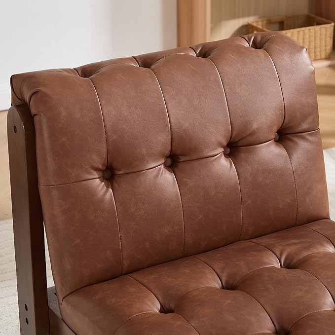 Modern Armless Accent Chair Set of 2 for Living Room, Brown PU Leather Button Tufted Upholstered Lounge Reading Chair with Walnut Wood Frame