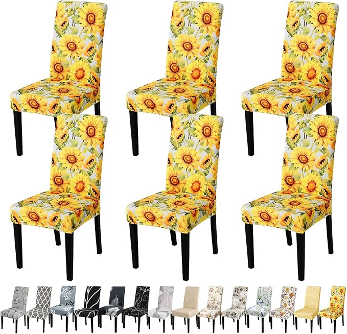 JQinHome Pattern Chair Covers for Dining Room Set of 6, High Stretch Removable Washable Parsons Chair Slipcover for Home Party Hotel Wedding Ceremony (Sunflower,6PCS)