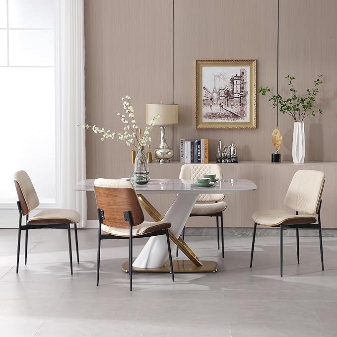 BV Dining Chairs Set of 4, PU Leather Armless Kitchen Chair in Modern Walnut Style, Mid Century Bentwood Side Chair with Metal Legs, Retro Accent Guest Chair for Kitchen Dining Room(Beige)