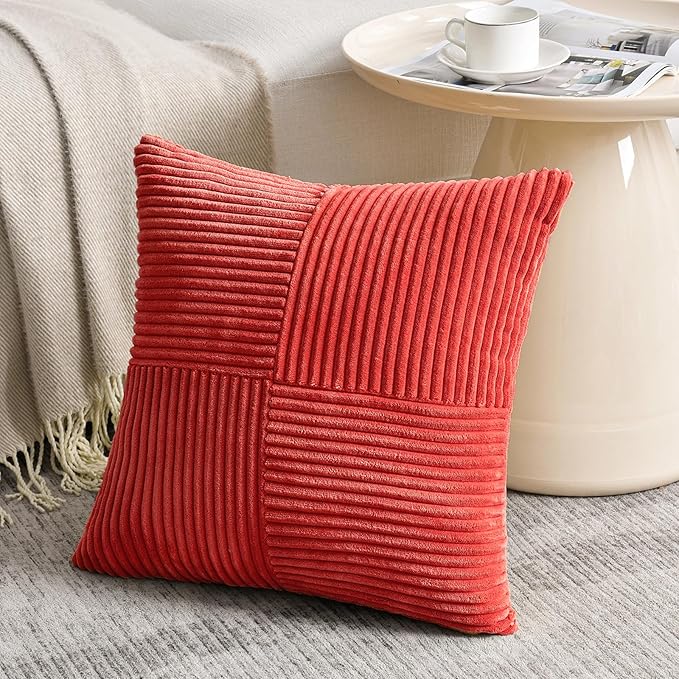 Fancy Homi 2 Packs Red Decorative Throw Pillow Covers 20x20 Inch for Living Room Couch Bed Sofa, Holiday Christmas Home Decor Gift, Soft Corss Corduroy Patchwork Accent Square Cushion Case 50x50 cm