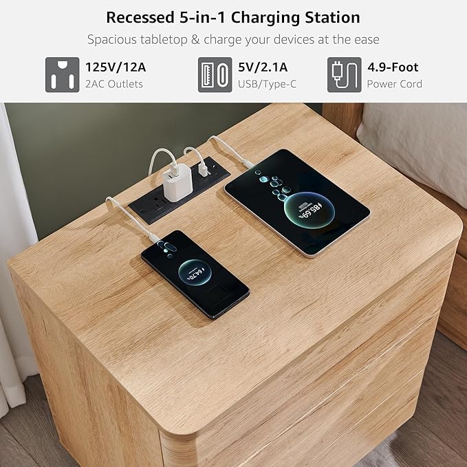 JXQTLINGMU 22" Modern Nightstand with Charging Station, Large Push-to-Open End Table, Wood Bedside Table w/Curved Profile Design, Handleless 3 Drawer Night Stand for Bedroom, Living Room, Natural Oak