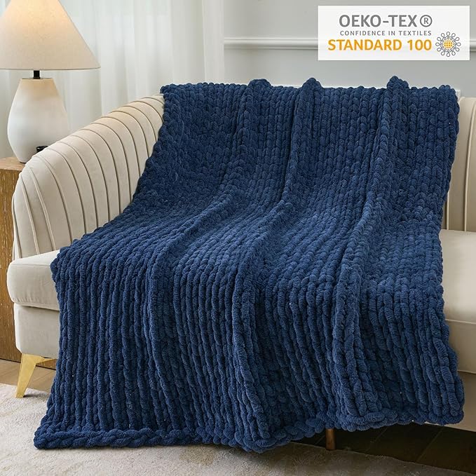 Esterra Chunky Knit Throw Blanket Newly Upgraded Heavy Tighter Version, Handmade Chenille Throw Super Soft, Thick Yarn Cable Knit Crochet Throw Blanket for Couch Bed Sofa, 50"x60", Navy Blue