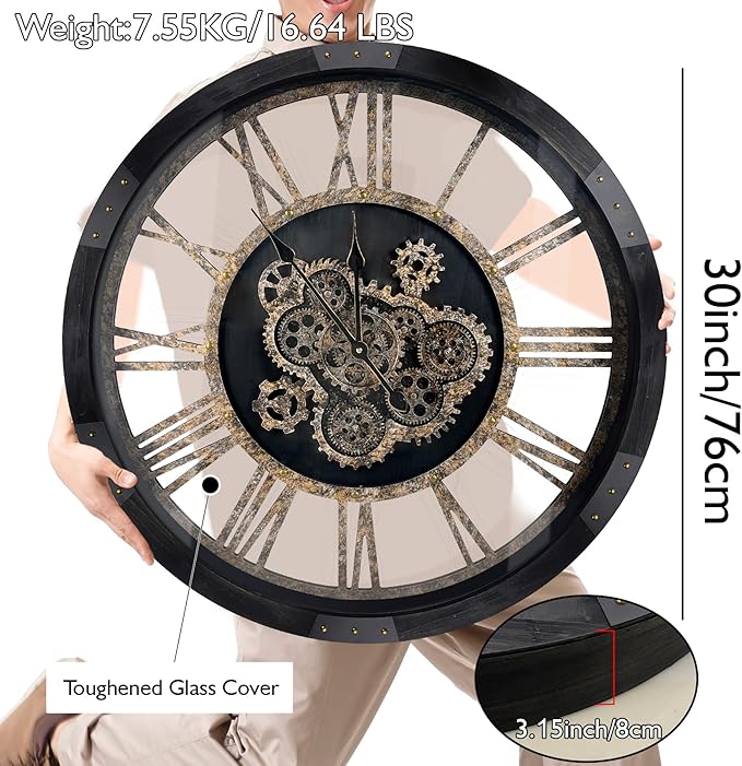 DORBOKER 30" Large Wall Clock Moving Gears,Oversized Industrial Rustic Farmhouse Clocks for Living Room Decor Office Home, Solid Wood Retro Metal HD Tempered Glass Cover,Black and Vintage Bronze