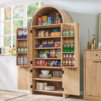 71" Tall Arched Bathroom Storage Cabinet, Modern Fluted Storage Cabinet w/Doors, 3 Adjustable Shelves, 6 Door Shelves, Wood Freestanding Cabinet for Bathroom, Entryway, Hallway, Natural