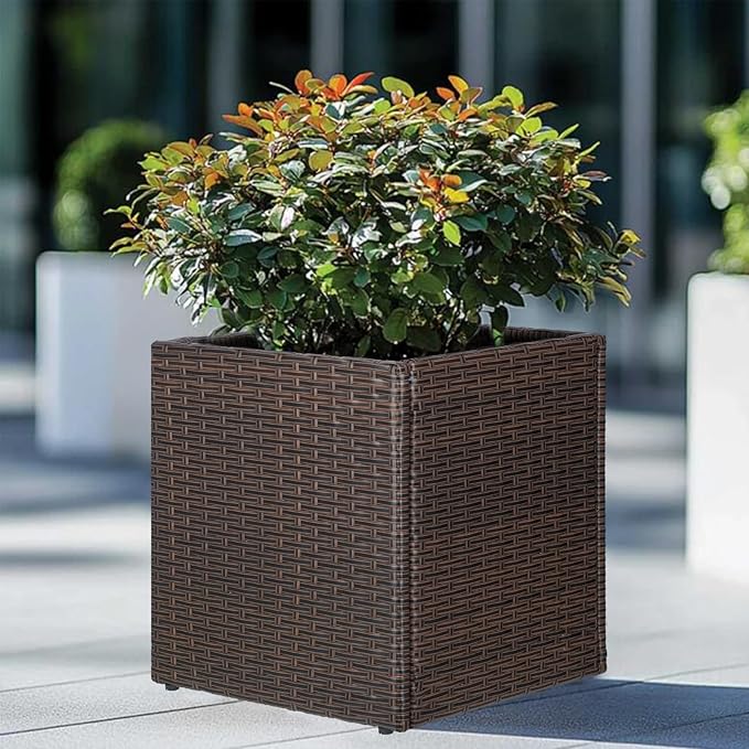 SUNNYPARK Set of 2 Large Square Planter with Removable Liner, All-Weather PE Rattan Modern Planters Indoor Outdoor Flower Plant Pots Garden Box Patio Yard Front Porch Deck